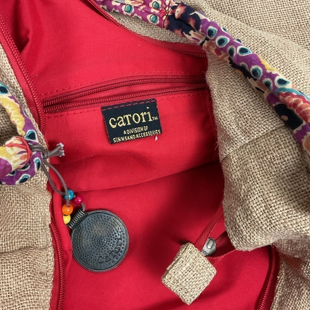 Catori Burlap Shoulder Bag Red Tassel Beads Boho Vacation - Picture 2 of 12
